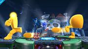 Mega Man junto a Sonic enfrentándose a Yellow Devil en el Castillo del Dr. Wily.