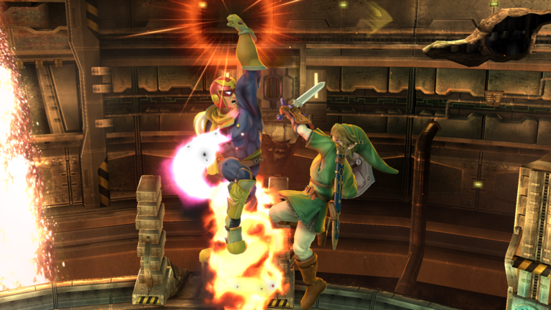 Archivo:Captain Falcon atacando a Link en al Pirosfera SSB4 (Wii U).png