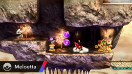 Meloetta, Bowser, Pit y Diddy Kong en el escenario Templo de Palutena.