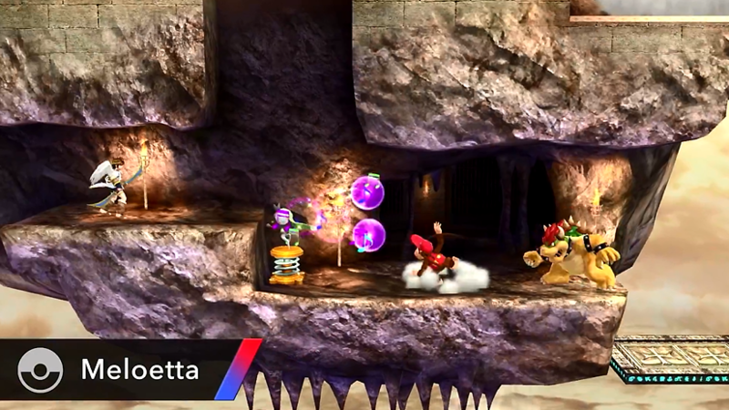 Archivo:Bowser, Pit y Diddy Kong esquivando el ataque de Meloetta SSB4 (Wii U).png