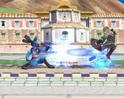 Lucario usando Palmeo contra un oponente desde lejos en Super Smash Bros. Brawl.