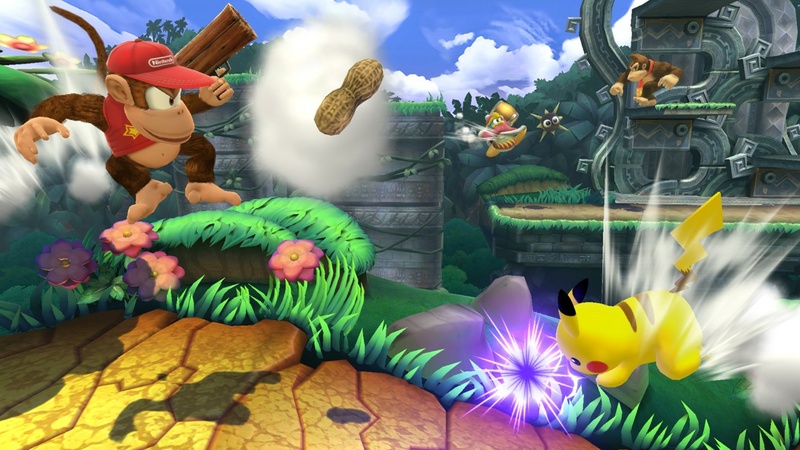 Archivo:Diddy Kong, Pikachu, Rey Dedede y Donkey Kong en la Jungla escandalosa SSB4 (Wii U).jpg