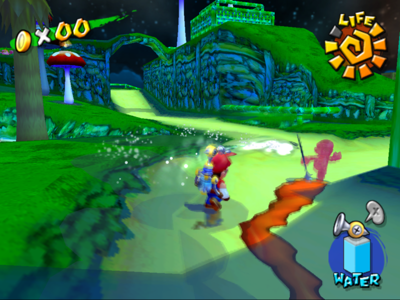Archivo:Mario persiguiendo a Mario Oscuro en la Aldea Foresta de Super Mario Sunshine.PNG