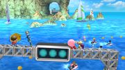 El Aldeano, Samus Zero, Kirby y Olimar peleando en una parte del escenario.