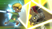Toon Link usando su Smash Final, Golpe Trifuerza, contra Ganondorf.