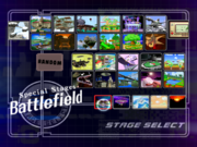 La pantalla de selección de escenarios en Super Smash Bros. Melee.