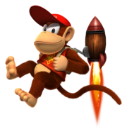 Artwork de Diddy Kong usando el barril volador en Donkey Kong Country Returns.