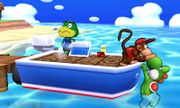 Diddy Kong y Yoshi junto al Capitán en la Isla Tórtimer.
