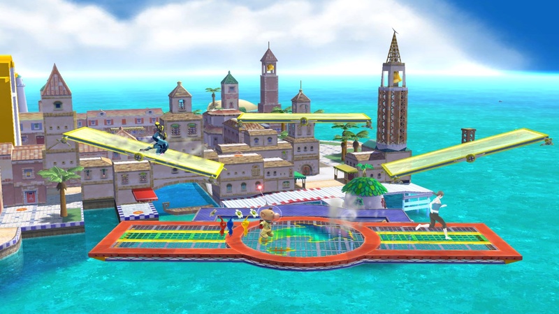 Archivo:Samus Zero, Olimar y la Entrenadora de Wii Fit en Ciudad Delfino SSB4 (Wii U).jpg
