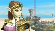 Zelda mirando hacia atrás en este escenario.