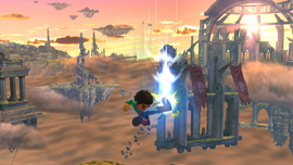 El Peleador Mii/Karateka Mii usando la Patada hacha cayendo durante el ataque en Super Smash Bros. for Wii U.