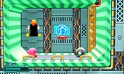 Kirby cerca del contenedor de la habilidad Súper Smash/Smash Bros. en Kirby: Planet Robobot.