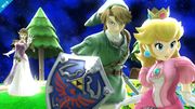 Link alejándose con Peach mientras Zelda los ve en Mario Galaxy.