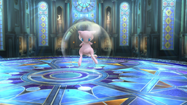 Mew apareciendo en Super Smash Bros. for Wii U. Primero se eleva envuelto en una burbuja...