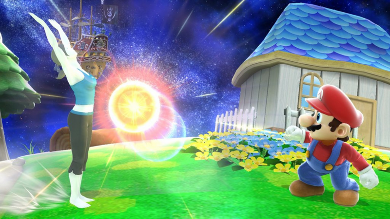 Archivo:La Entrenadora de Wii Fit haciendo saludo al sol y Mario en Galaxia Mario SSBWiiU.png