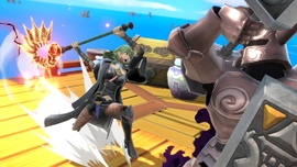 Byleth mujer utilizando a Aymr contra un Espectro en el escenario Barco pirata.