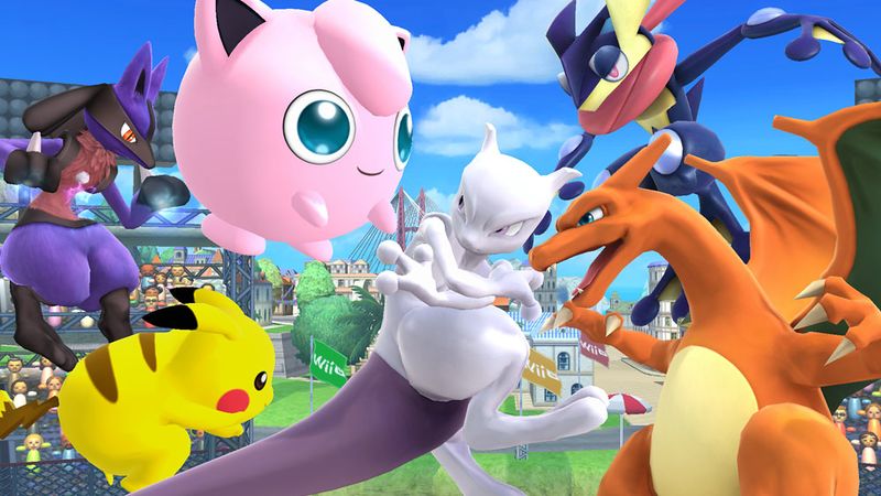 Archivo:Mewtwo, Pikachu, Jigglypuff, Charizard, Lucario y Greninja en Islas Wuhu SSb4 (Wii U).jpg