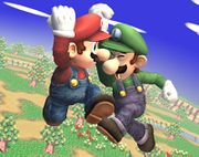 Mario y Luigi usando Supersalto Puñetazo en Super Smash Bros. Brawl.