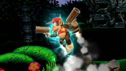 Diddy Kong usando el Barril volador en Super Smash Bros. for Wii U