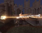 Sheik usando Flecha de luz en Super Smash Bros. Brawl. La flecha de luz de Sheik envía al enemigo en una trayectoria más horizontal.