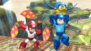 Mega Man y una de sus paletas de colores usando algunos ataques personalizables.