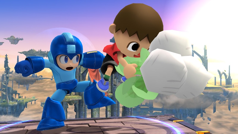 Archivo:Mega Man y el Aldeano con unas verduras en el Campo de Batalla SSB4 (Wii U).jpg
