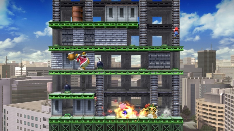 Archivo:Mario, Rey Dedede, Kirby y Bowser en el escenario Wrecking Crew SSB4 (Wii U).jpg
