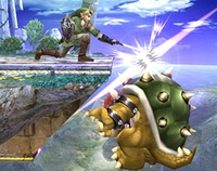 Link con su ataque fuerte hacia abajo puede sacar su rival del borde.