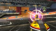 Algunos coches en el escenario Port Town Aero Dive de Super Smash Bros. for Wii U.