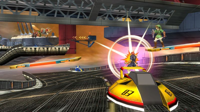 Archivo:Link, Fox y Captain Falcon en Port Town Aero Dive SSB4 (Wii U).jpg
