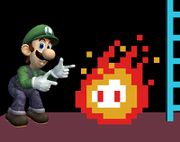 Luigi cerca de una llama de fuego.