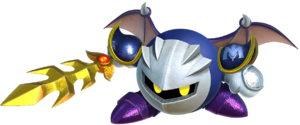 Arte oficial de Meta Knight en Kirby Star Allies, con Galaxia en mano.