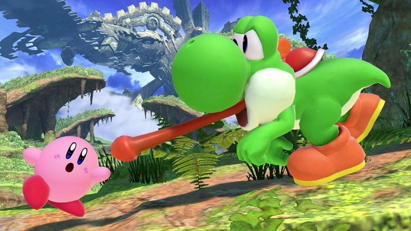 Archivo:Yoshi a punto de engullir a Kirby en Llanuras de Gaur SSBU.jpg