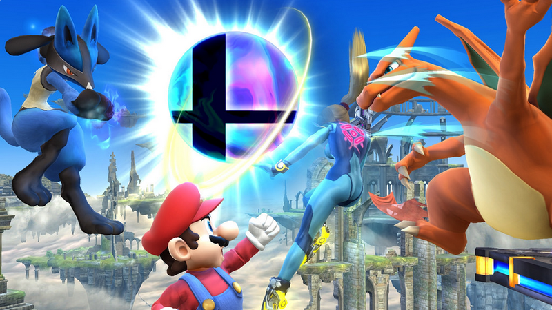 Archivo:Mario, Charizard, Lucario y Samus Zero junto a la Bola Smash SSB4 (Wii U).png
