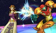 Zelda usando su ataque normal contra Samus en la Senda Arco Iris SSB4 (3DS).jpg