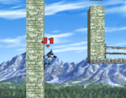Lucario apegándose a una pared en Super Smash Bros. Brawl.