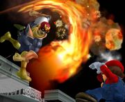 Capitán Falcon/Captain Falcon usando Salto depredador en el aire en Super Smash Bros. Melee.