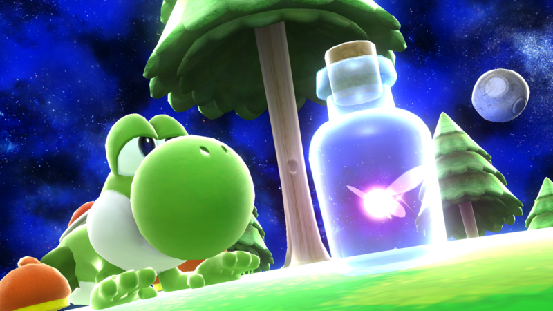 Archivo:Yoshi junto a un hada embotellada en Galaxia Mario SSB4 (Wii U).png