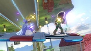 Peach y el Peleador Mii/Karateka Mii bajo el efecto de la Superestrella en Super Smash Bros. Ultimate.