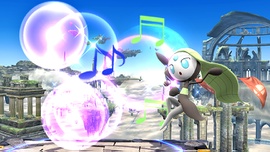 Meloetta atacando con su voz en el escenario Campo de batalla.