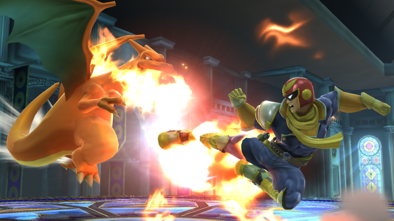 Archivo:Captain Falcon atacando a Charizard en la Liga Pokémon SSB4 (Wii U).png
