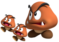 Artwork de un Goomba gigante y dos Goombas en New Super Mario Bros. Wii.png