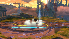 El Peleador Mii/Karateka Mii cayendo al suelo tras el ataque en Super Smash Bros. for Wii U.