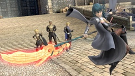 Byleth mujer usando a Areadbhar en el Mercado del Monasterio de Garreg Mach.