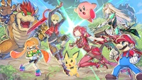 Poster publicado en Twitter por Nintendo y dibujado por Masatsugu Saito, diseñador de personajes de Xenoblade Chronicles 2, como celebración de la inclusión de Pyra y Mythra en Super Smash Bros. Ultimate.