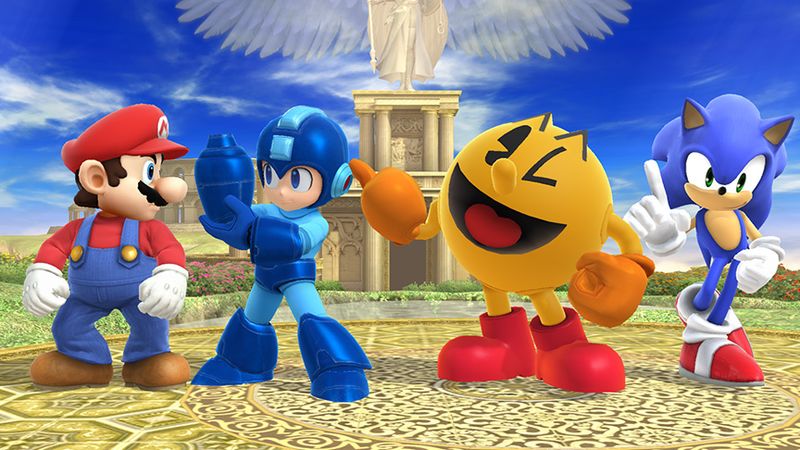 Archivo:Mario, Mega Man, Pac-Man y Sonic en el Reino del Cielo SSB4 (Wii U).jpg