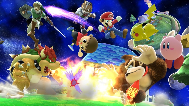 Archivo:Bowser, Aldeano, Link, Mario, Fox, Donkey Kong, Kirby y Pikachu en Galaxia Mario SSB4 (Wii U).jpg