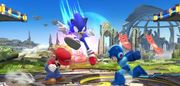 Sonic golpeando a Mega Man y Mario en el Campo de batalla.