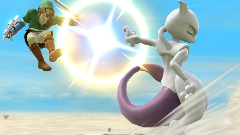 Archivo:Mewtwo usando su lanzamiento hacia atrás contra Link en Altárea SSB4 (Wii U).jpg