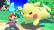 Pikachu (gigante) junto a Mario en Isla Tórtimer.